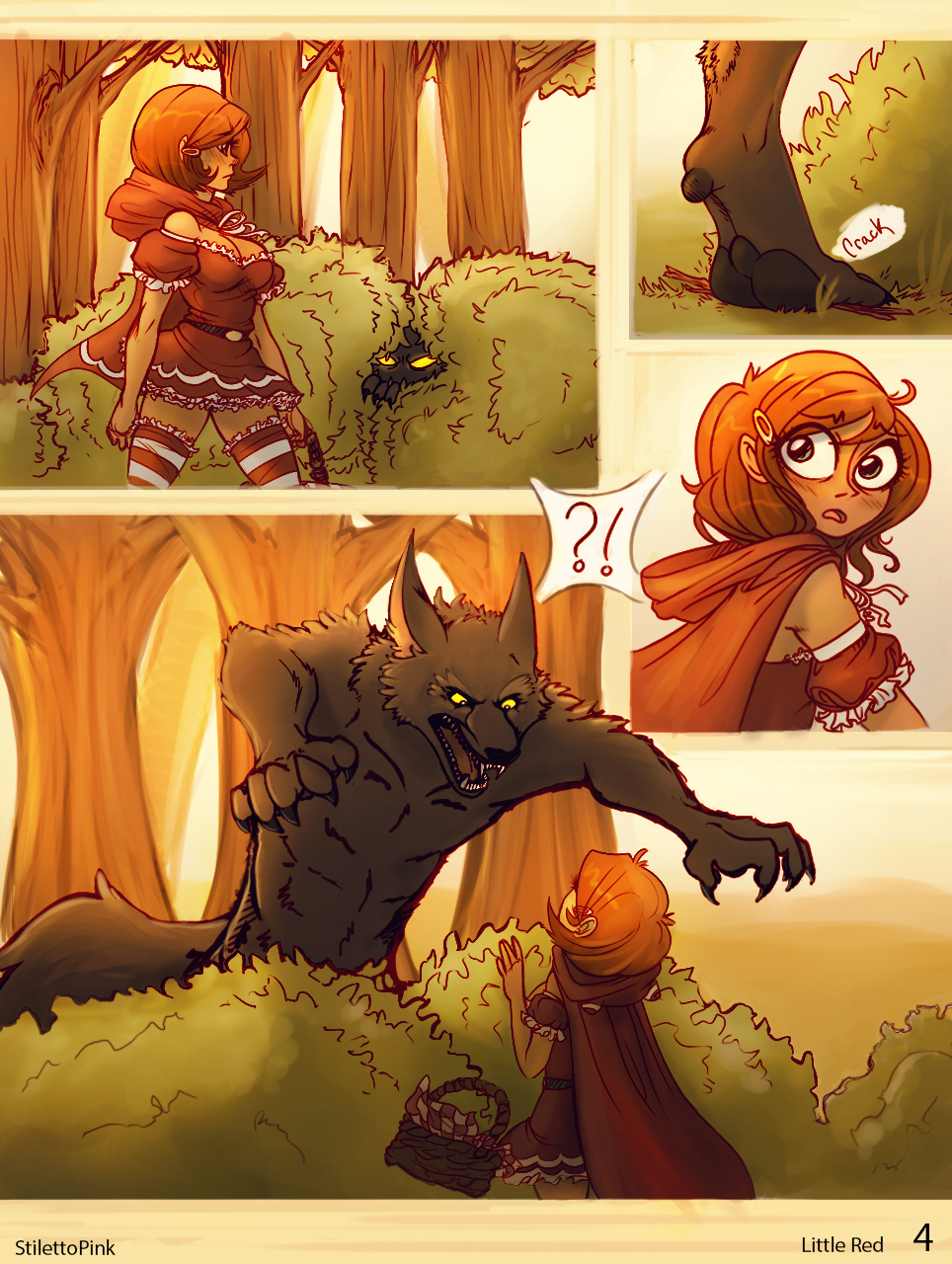 basket blue_eyes breasts brown_hair bush canine comic digitigrade dress female forest hair human imminent_rape little_red_riding_hood male stilettopink stockings striped_stockings tree wolf