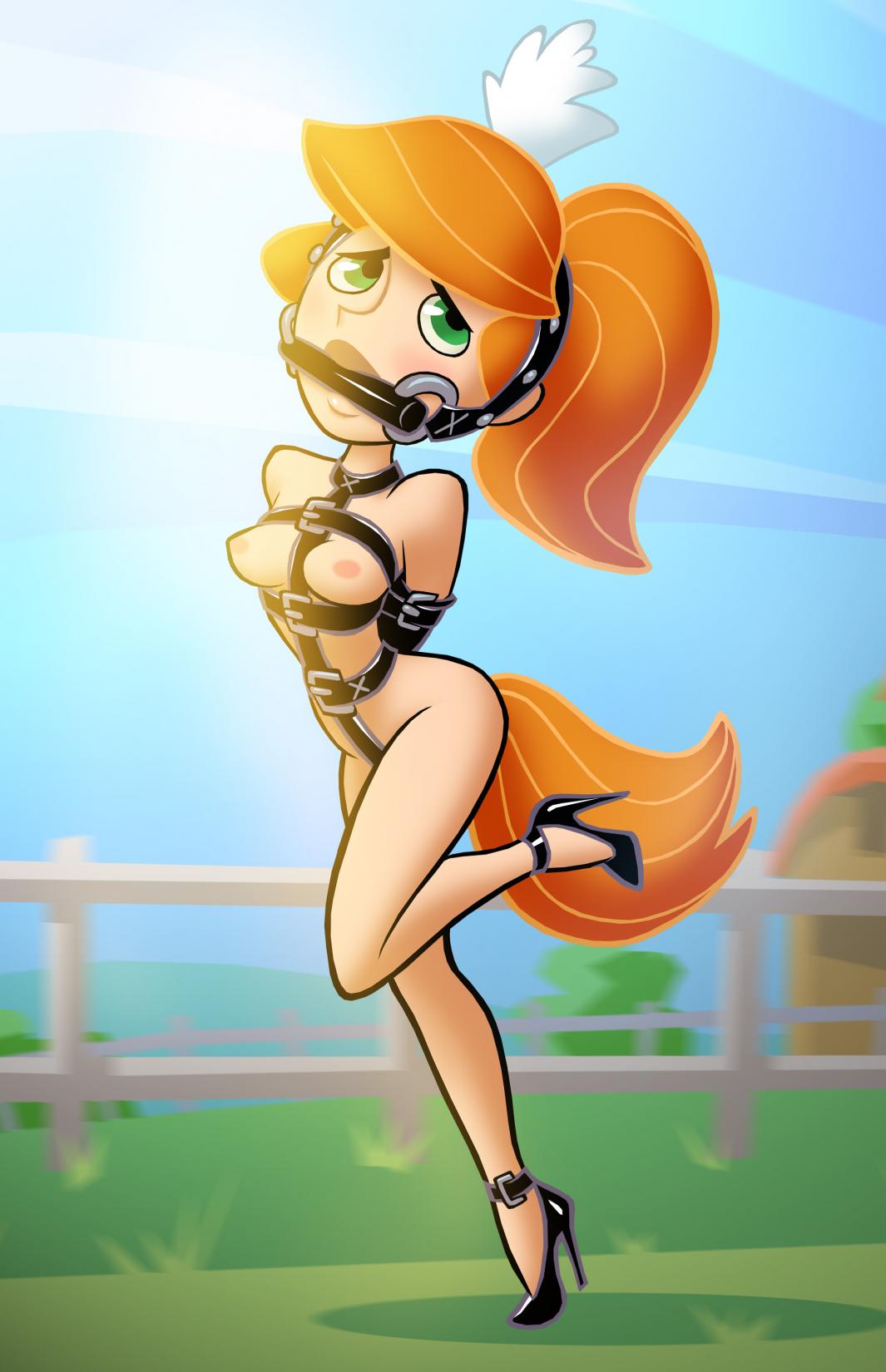 bondage buttplug_tail drew_gardner_(artist) gag green_eyes high_heels kim_possible kimberly_ann_possible long_hair nude outside ponygirl ponyplay ponytail red_hair small_breasts straps