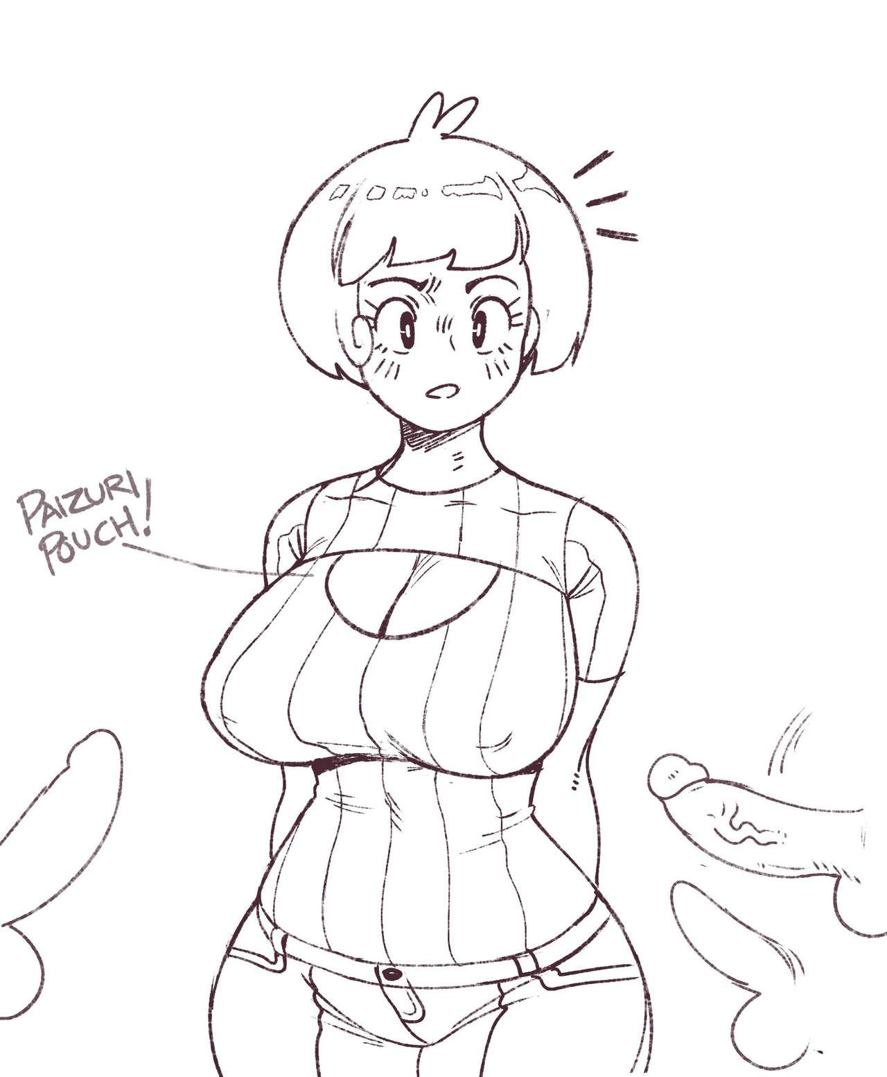1girl 3boys big_breasts blush bob_cut breasts buttholemagick erection huge_breasts male/female momoko_(buttholemagick) monochrome shocked short_hair sketch standing testicle tight_clothing