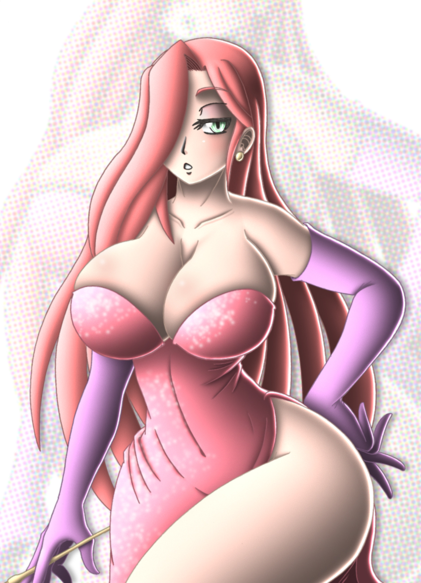 1girl breasts cleavage dress earrings elbow_gloves gloves green_eyes hair_over_one_eye hand_on_hip holding huge_breasts jessica_rabbit looking_at_viewer parted_lips purple_gloves red_dress red_hair simple_background takilmar thick_thighs thighs white_background who_framed_roger_rabbit wide_hips