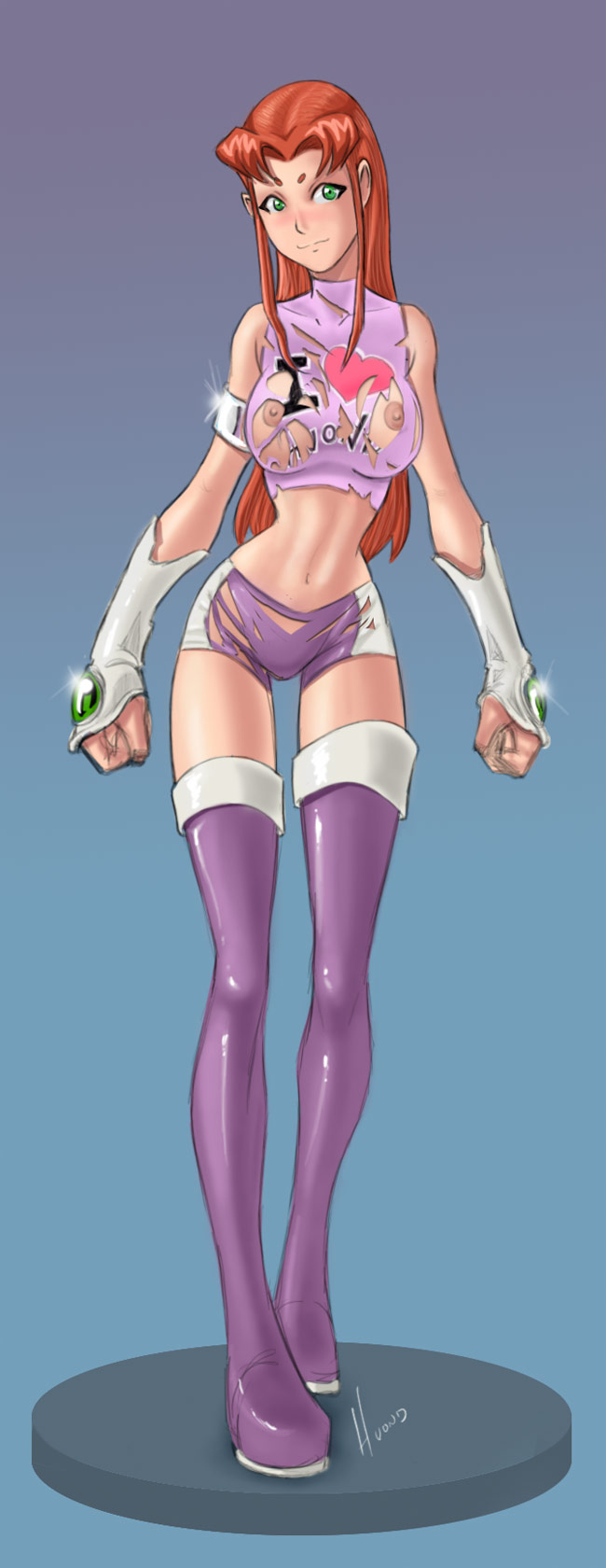 1girl alternate_costume dc_comics dcau female_only full_body green_eyes hvond nipples red_hair solo solo_female starfire tall_image teen_titans torn_clothes