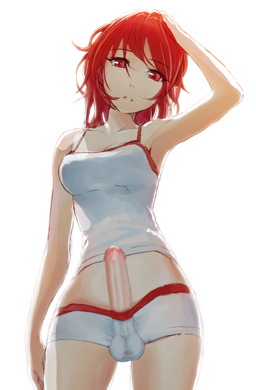 1girl artist_request bare_shoulders boyshorts bulge character_request futanari midriff navel penis precum red_eyes red_hair short_shorts shorts solo source_request tank_top testicle testicles white_shorts