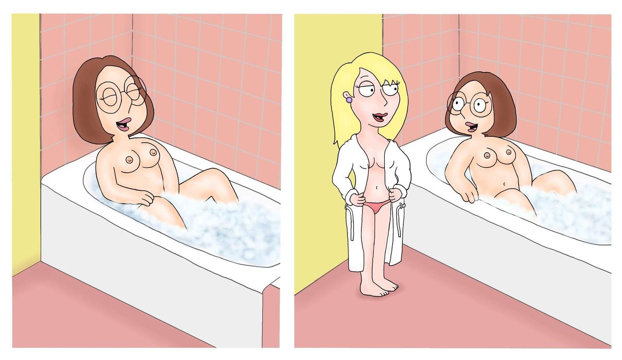 bathroom bathtub blonde_hair breasts brown_hair connie_d'amico family_guy glasses masturbation meg_griffin nipples nude robe tabbypurrfume thong yuri