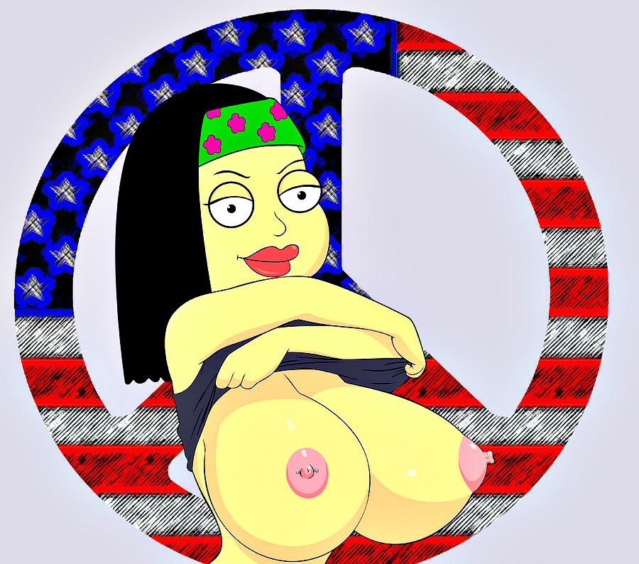 american_dad hayley_smith huge_breasts nipple_piercing peace_symbol peace_symbol_poster piercing raised_shirt yellow_skin