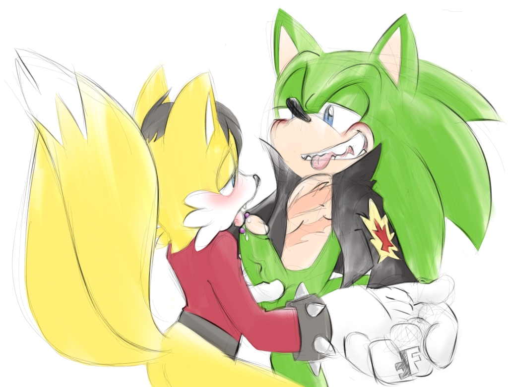 anthro black_hair blue_eyes blush canine chest_tuft cute erection eyewear fakerface fellatio fox furry gay gloves green_body hair hedgehog hyper leather_belt leather_jacket male miles_"tails"_prower miles_(anti-tails) multiple_tails oral oral_sex penis scar scourge_the_hedgehog sega sex sonic_(series) sunglasses tail teeth tongue