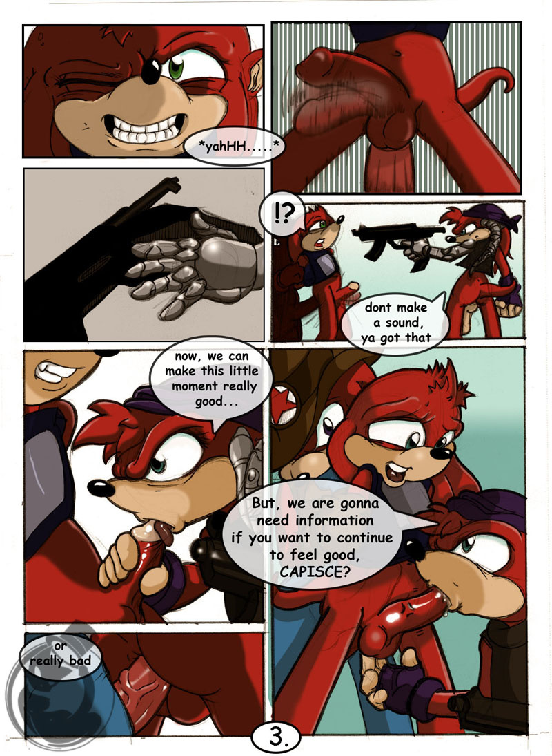 anal anal_penetration comic dialog english_text erection fellatio forced furry gay gun knuckles_the_echidna male neokat oral oral_sex penetration penis ranged_weapon rape sega sex sonic_(series) testicles text vein weapon