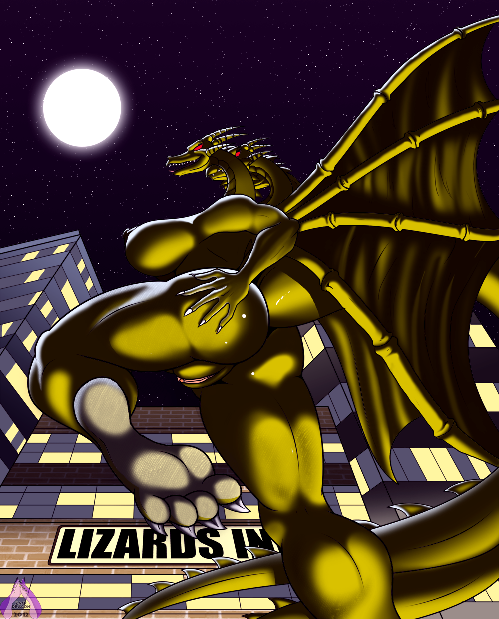 4_toes ass breasts building crossgender english_text eyes female godzilla_(series) hindpaw huge_breasts kaiju king_ghidorah macro moon multi_head paws presenting pussy queen_ghidorah red red_eyes sideboob text ticklishways toes wings yellow_body zack_dragon zackdragon_(artist) zp92