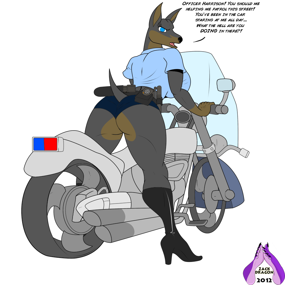 1_female 1girl 2012 angry anthro anthro_canine anthro_dog ass baton belt big_breasts boots breasts butt canine dialog dialogue doberman dog english_text female female_anthro female_only fur gun handcuffs huge_breasts looking_back motorcycle original original_character pistol police ranged_weapon sideboob solo standing text ticklishways weapon zack_dragon zackdragon_(artist) zp92