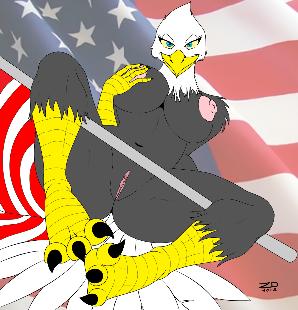 2012 america american_flag avian beak big_breasts blue_eyes breasts claws clitoris eagle feathers female flag grey_feathers huge_breasts looking_at_viewer navel nipples nude original original_character pussy solo spread_legs spreading ticklishways zack_dragon zackdragon_(artist) zp92