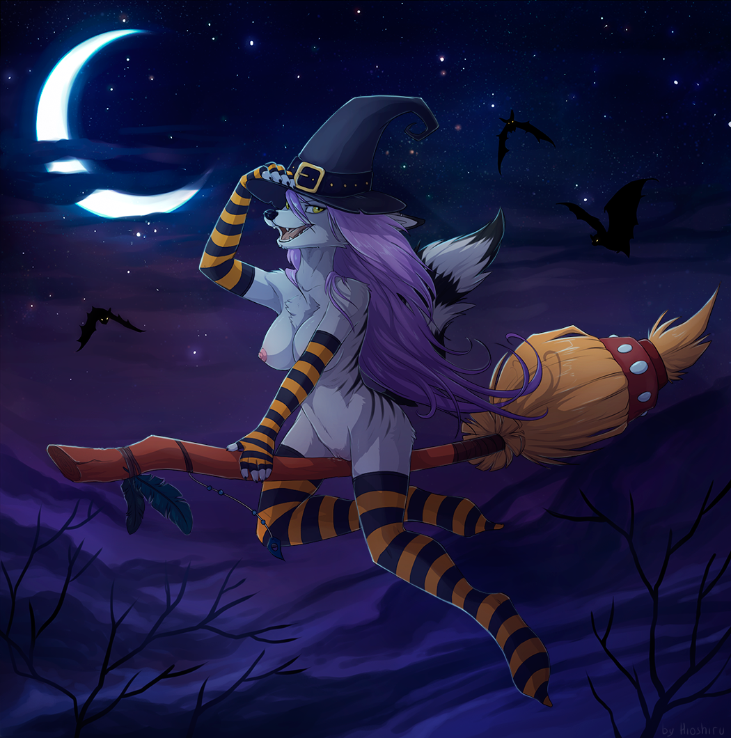 2014 anthro bat breasts broom broom_riding canine crescent_moon dark elbow_gloves female feral fingerless_gloves fur furry gloves hair halloween hat hioshiru holidays legwear looking_at_viewer magic_user mammal moon night nipples nude open_mouth outside partially_clothed purple_hair striped_socks tree witch witch_hat