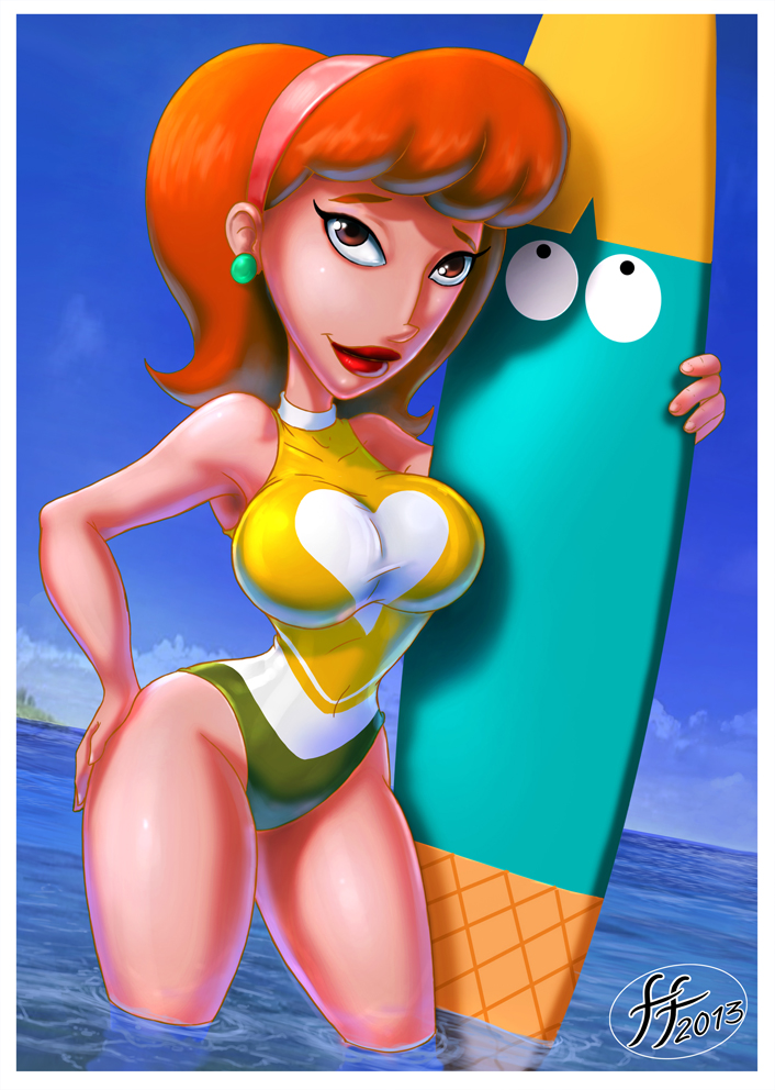 1girl female_only fernando_faria_(artist) linda_flynn-fletcher looking_at_viewer phineas_and_ferb solo_female surfboard swimsuit tagme