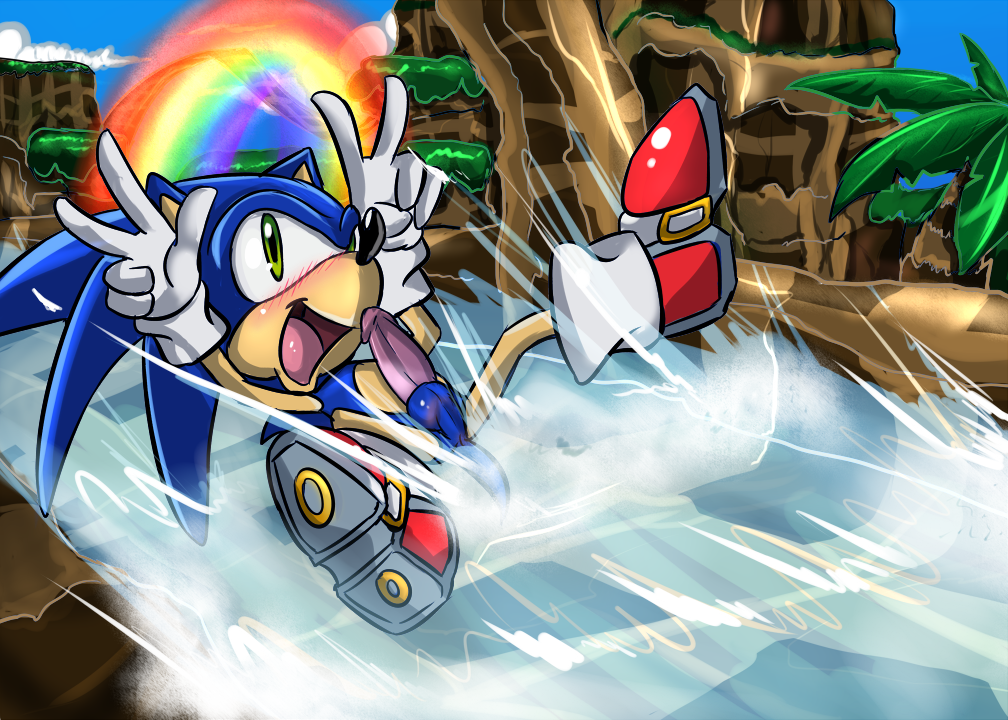 anus blush c3 double_v green_hill_zone hedgehog open_mouth penis perineum rainbow rainbow_pattern sega sonic_(series) sonic_the_hedgehog sonic_the_hedgehog_(series) testicles v water_slide white_crest