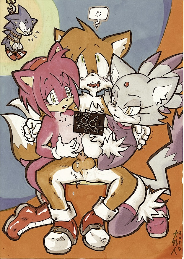amy_rose blaze_the_cat cute daigaijin furry miles_"tails"_prower multiple_tails sonic_team sonic_the_hedgehog tail