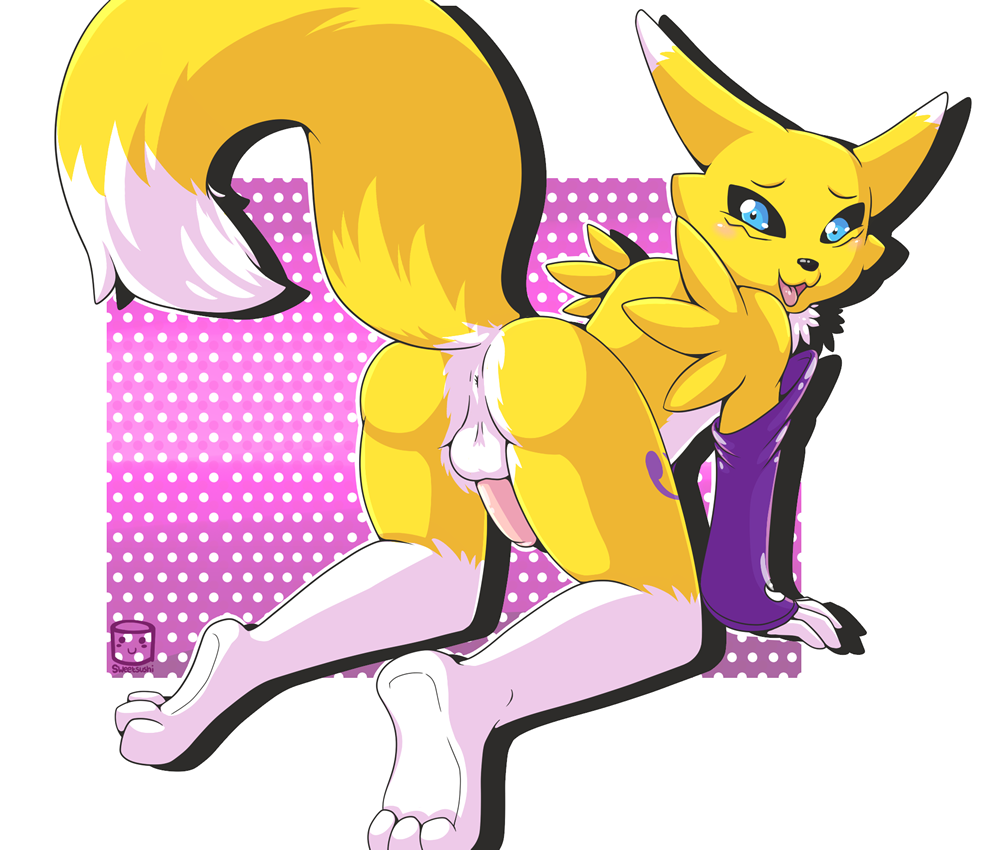 1_anthro 1_male 1boy 3_toes all_fours anthro anthro_canine anthro_fox anus ass blue_eyes blush canine cute detached_sleeves digimon erection fox fur furry glove happy kneeling looking_at_viewer looking_back male male_anthro male_anthro_fox male_only male_renamon mostly_nude nude open_mouth penis raised_tail renamon rubber solo sweetsushi tail testicles toei_animation white_fur yellow_fur yin_yang