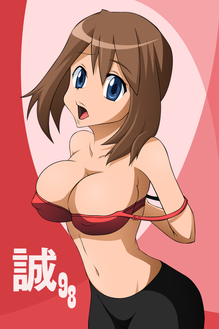 1girl arm arms arms_behind_back art artist_request bare_arms bare_shoulders big_breasts bike_shorts blue_eyes bra breasts brown_hair cleavage collarbone haruka_(pokemon) humans_of_pokemon looking_at_viewer may_(pokemon) midriff navel neck nintendo off_shoulder open_mouth pokemon pokemon_(anime) pokemon_(game) pokemon_rse red_background red_bra short_hair strap_slip