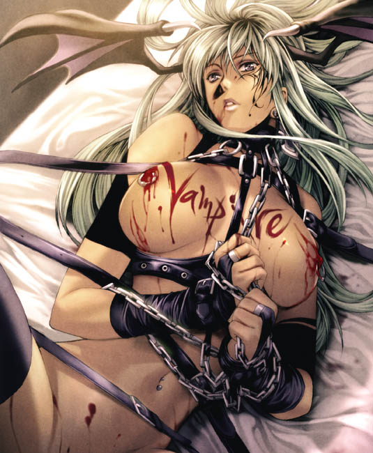 1girl bat_wings bdsm bed bed_sheet body_writing bondage bound breasts bridal_gauntlets capcom chain chains collar copyright_name cuffs demon_girl female green_hair grey_eyes harness head_wings homare_(fool's_art) jpeg_artifacts large_breasts long_hair lying morrigan morrigan_aensland navel navel_piercing nipple_piercing nipples nude on_back parted_lips piercing slave solo succubus tied vampire_(game) wings