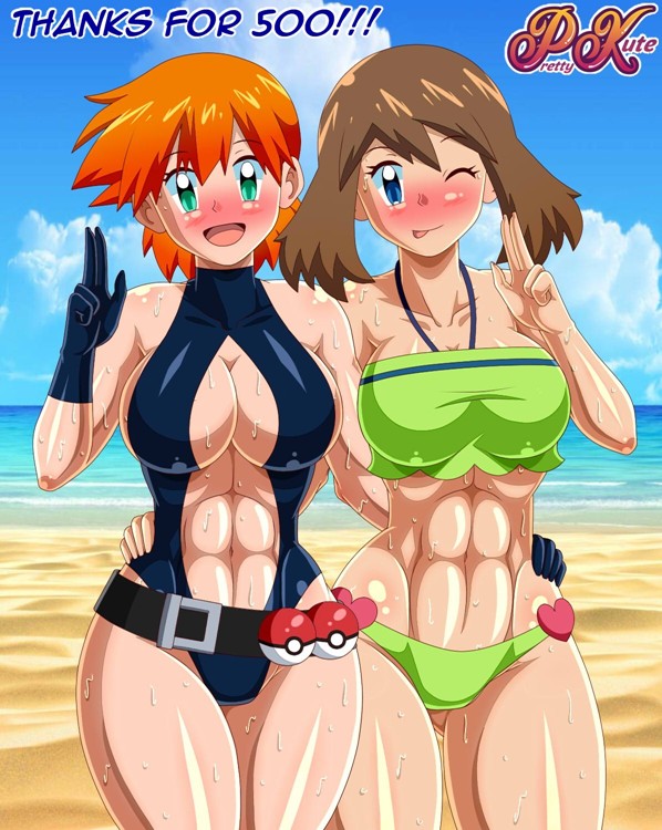 1girl 2_girls abs alluring athletic_female beach big_breasts bikini blue_eyes blush breasts brown_hair cleavage female_abs fit_female green_eyes haruka_(pokemon) huge_breasts kasumi_(pokemon) legs may may_(pokemon) misty misty_(pokemon) nintendo one-piece_swimsuit orange_hair pk-studios pokemon pokemon_rgby pokemon_rse red_hair swimsuit the_electric_tale_of_pikachu thick_thighs thighs tomboy toned tongue_out wet