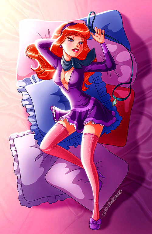 cleavage collar daphne_blake leash on_bed pillows scooby-doo sexy_pose short_skirt tagme