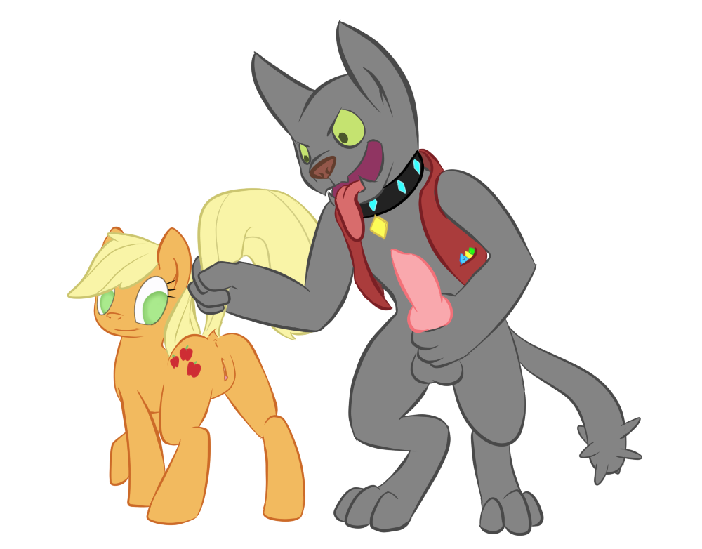anus applejack_(mlp) blonde_hair canine clopper-dude collar cutie_mark diamond_dog_(mlp) dog equine female feral friendship_is_magic green_eyes hair hetero horse male my_little_pony open_mouth orange_fur penis pony pussy rover_(mlp) testicles tongue tongue_out white_background