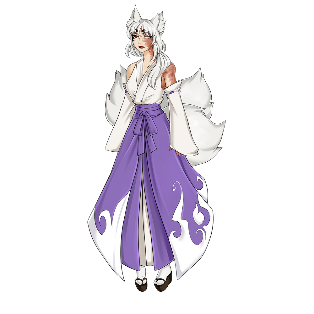 artwithmoira burn_scar corruption_of_champions corruption_of_champions_ii facial_mark kimono kitsune multiple_tails original_character red_eyes white_hair