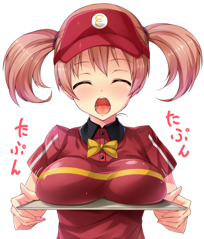 1girl :o alternate_breast_size big_breasts breast_rest breasts brown_hair carried_breast_rest closed_eyes employee_uniform fast_food_uniform hair hataraku_maou-sama! kuragari large_breasts older open_mouth polo_shirt sasaki_chiho solo text tray twin_tails twintails uniform visor visor_cap