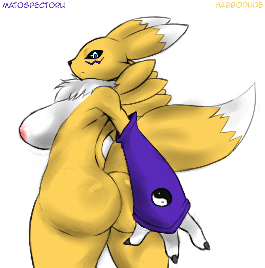 1_female 1girl 3_fingers anthro anthro_canine anthro_fox areola ass big_ass big_breasts blue_eyes breasts canine detached_sleeves digimon erect_nipples facial_markings female female_anthro female_anthro_fox female_only female_renamon fox fur habbodude huge_breasts looking_at_viewer looking_back markings matospectoru mostly_nude nipples nude raised_tail renamon solo standing tail toei_animation vixen white_fur yellow_fur yin_yang