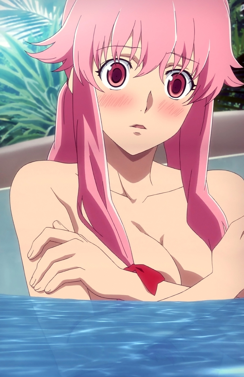 blush breasts covering covering_breasts gasai_yuno high_res mirai_nikki pink_eyes pink_hair screencap solo surprised topless water