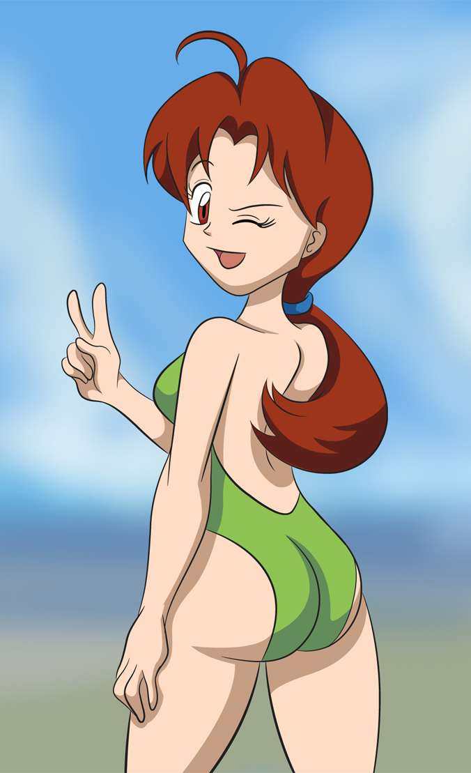 1girl ass breasts delia_ketchum female female_human female_only green_swimsuit hanako_(pokemon) human human_only long_hair looking_at_viewer looking_back milf one-piece_swimsuit one_eye_closed pokemon smile solo standing swimsuit v wink
