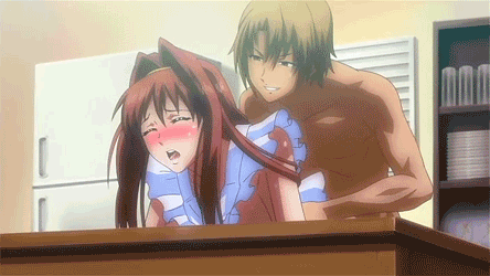 aisai_nikki animated anime apron blush breasts brown_hair closed_eyes doggy_position from_behind gif hair hentai kitchen long_hair loop lowres naked_apron refrigerator sanae_noumi sex table