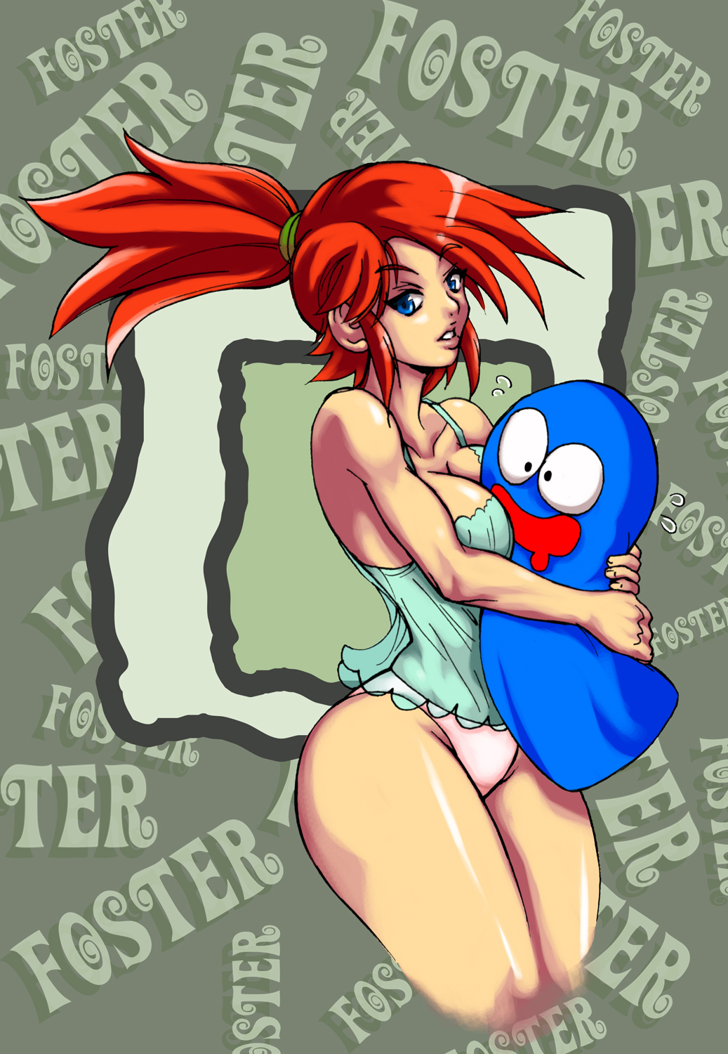 1girl between_breasts bloo blue_eyes blue_skin breast_press breast_smother breasts camisole cleavage curvy drooling foster's_home_for_imaginary_friends frankie_foster highres hug hugging lingerie lips monster nightgown no_pants open_mouth panties pink_panties ponytail red_hair saliva see-through smile thighs underwear