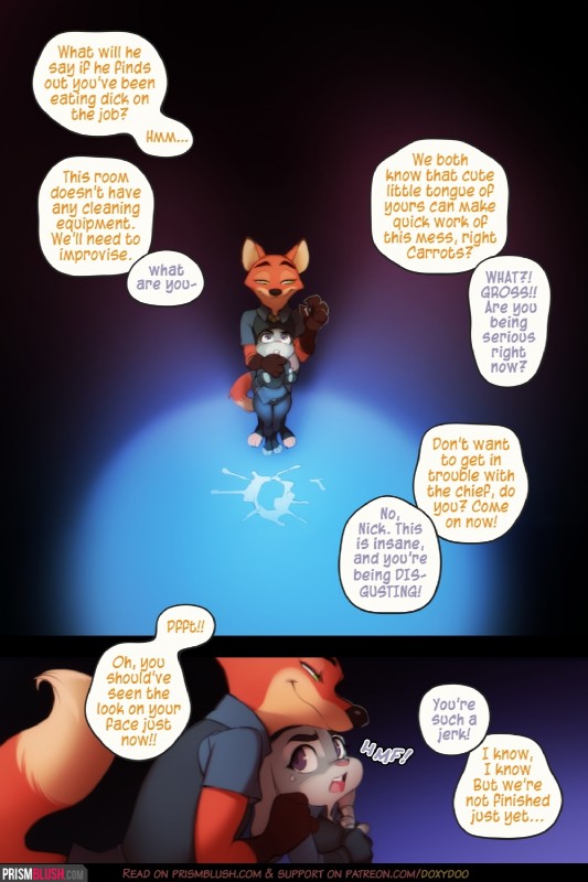 1girl 2019 2:3 anthro bodily_fluids canid canine clothing comic cum dialogue disney doxy duo ears_down embarrassed english_text fox furry genital_fluids gloves_(marking) half-closed_eyes high_res judy_hopps lagomorph larger_male leporid looking_back male mammal markings narrowed_eyes nick_wilde pivoted_ears police police_uniform prismblush rabbit red_fox seductive size_difference smaller_male text uniform vomit zootopia