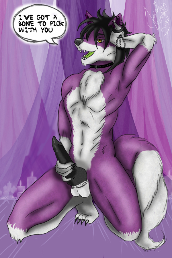 bed bedroom_eyes big_penis big_testicles black_genitals candles canine collar cute drapes erection folf fox fur furry hybrid knot male_only penis precum purple testicles wolf