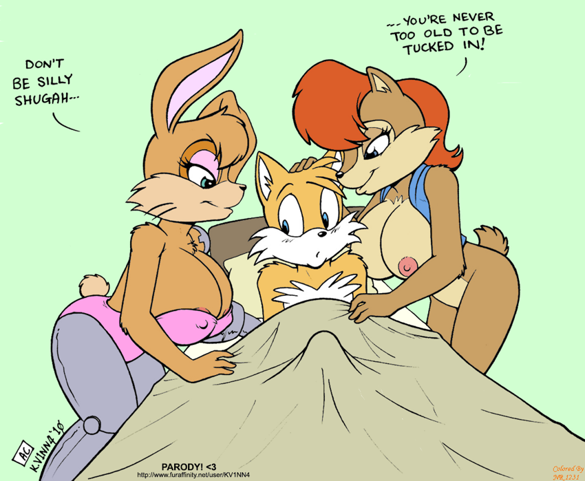 2girls anthro bunnie_rabbot cute furry miles_"tails"_prower sally_acorn sonic text