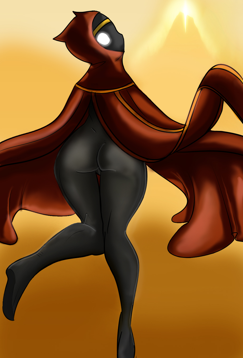 1girl ass black_skin bottomless cape circlet collaboration dark_skin desert from_behind glowing glowing_eyes highres hood journey looking_back maniacpaint mountain no_arms no_panties no_pupils oddmachine oddrich personification robe solo traveler uncensored