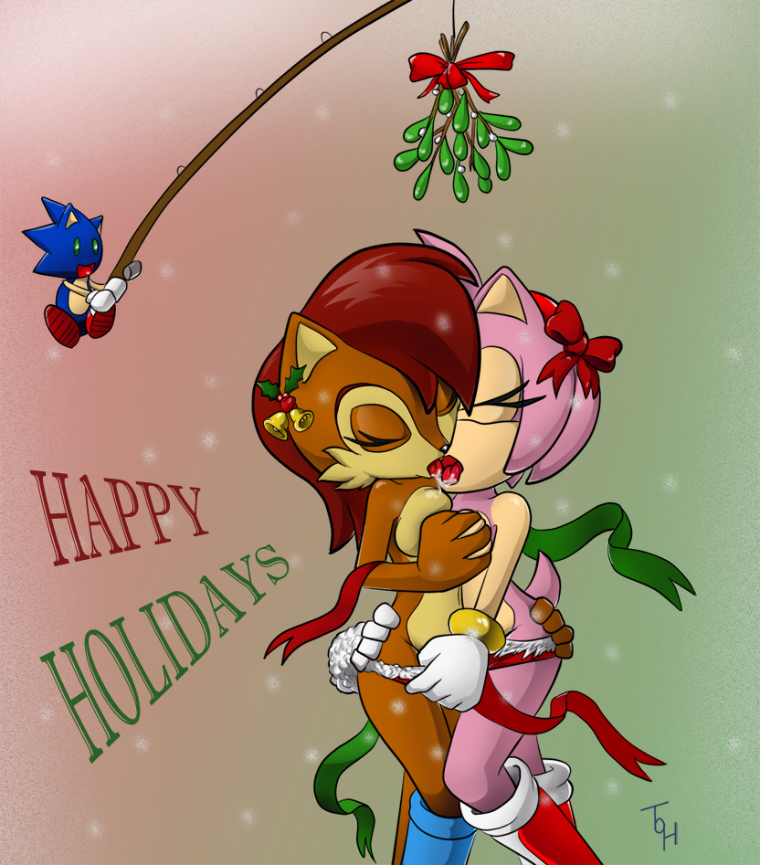 2_girls amy_rose animal_ears anthro archie_comics breast_grab breasts chipmunk closed_eyes cute female female/female french_kiss furry hair happy_holidays hedgehog kissing male mistletoe multiple_girls nude pink_hair red_hair sally_acorn sega sonic_(series) sonic_the_hedgehog sonic_the_hedgehog_(series) tail text the_other_half yuri