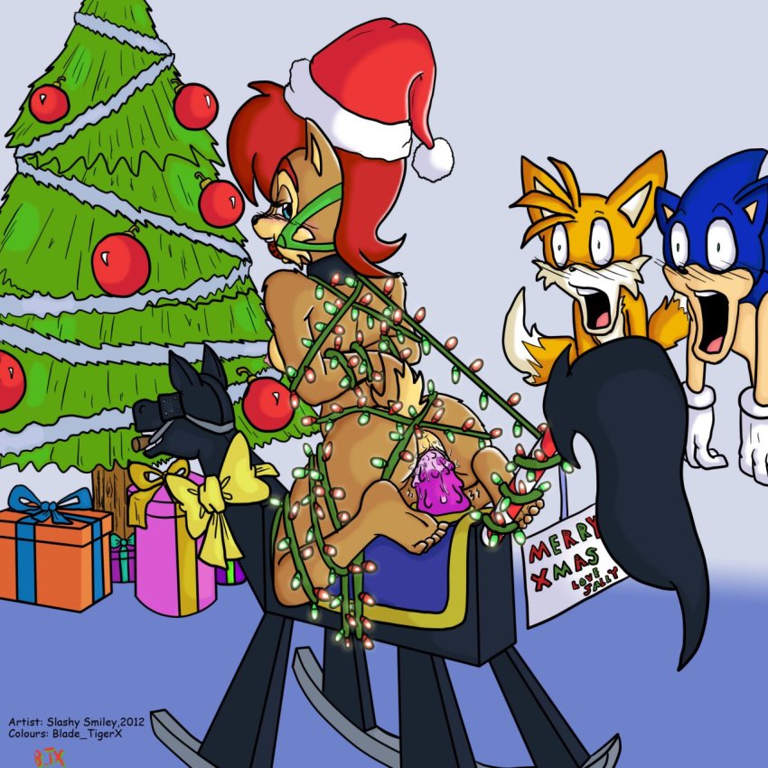 1girl 2boys anthro ball_gag christmas christmas_tree cute dildo dildo_in_pussy dildo_sitting frogtie furry gift_wrapped jaw_drop merry_x-mas miles_"tails"_prower nude present presents pussy_juice sally_acorn santa_hat sega slashysmiley sonic sonic_*(series) sonic_the_hedgehog sonic_the_hedgehog_(series) surprise vaginal vaginal_insertion wide-eyed wide_eyed