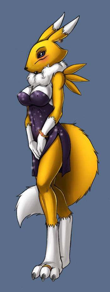 1_female 1_girl 3_fingers 3_toes anthro anthro_canine anthro_fox blue_eyes blush bracelet breasts canine classy cleavage digimon dress earring fabio_paulino female female_anthro female_anthro_fox female_only female_renamon fox fur furry jewelry renamon solo standing tail toe_ring toei_animation vixen white_fur yellow_fur
