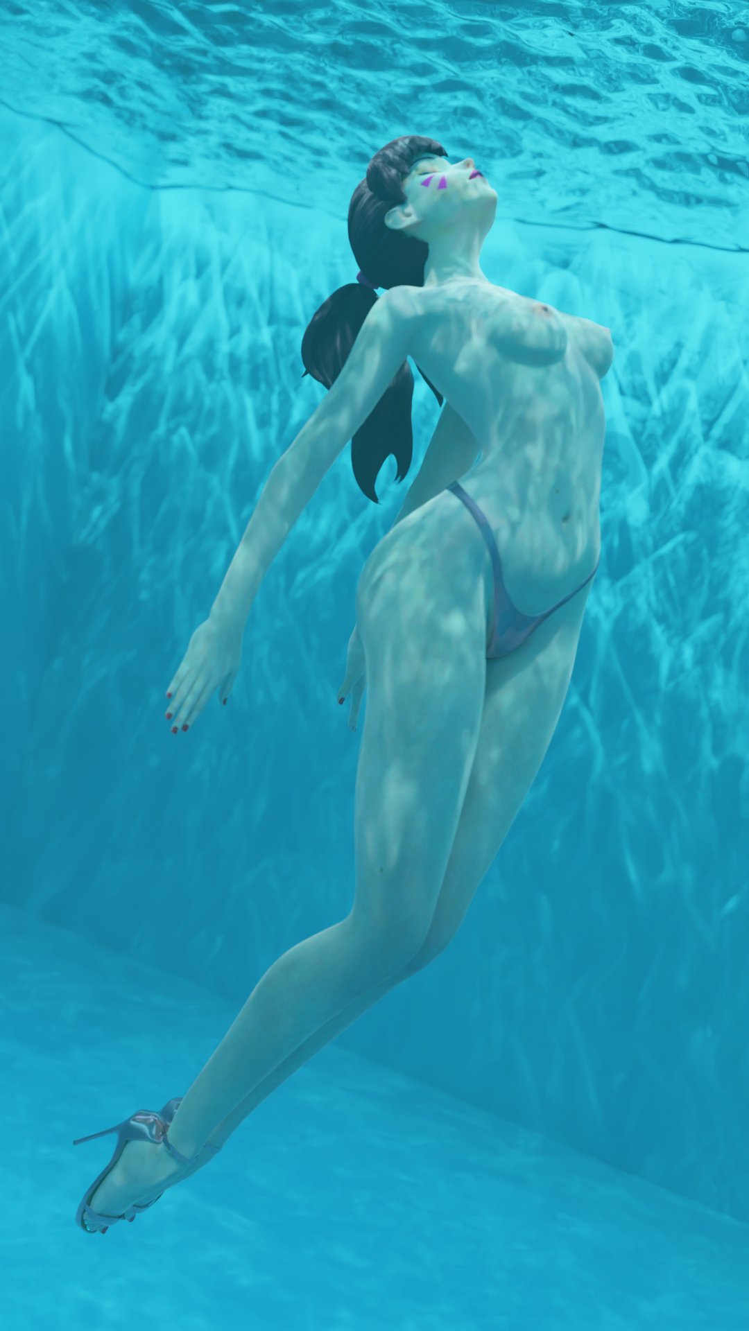 1girl areola azure_limina blizzard_entertainment d.va_(overwatch) medium_breasts nipples overwatch pool shoes swimming tagme topless underwater water wet