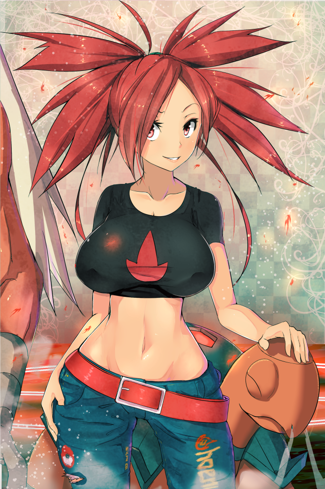 1girl asuna_(pokemon) avian belt big_breasts blaziken blaziken_(pokemon) breasts bursyamo_(pokemon) chicken claws cleavage creatures_(company) denim flannery_(pokemon) game_freak gen_3_pokemon gym_leader hair_over_one_eye hips humans_of_pokemon jeans large_breasts long_hair looking_at_viewer magister_(bigbakunyuu) magister_(medical_whiskey) midriff multicolored_fur navel nintendo non-mammal_breasts pants petting pokemon pokemon_(anime) pokemon_(creature) pokemon_(game) pokemon_(species) pokemon_black_2_&amp;_white_2 pokemon_bw2 pokemon_rse pokemon_ruby_sapphire_&amp;_emerald pokemorph ponytail red_eye red_eyes red_hair shirt slender_waist smile smoke solo talons taut_clothes taut_shirt toned torkoal wide_hips yellow_sclera