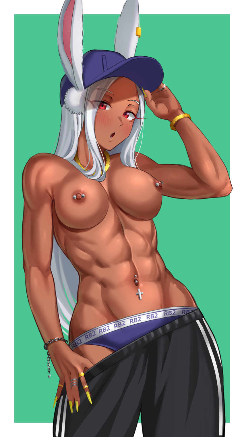 1girl abs adjusting_headwear animal_ears athletic athletic_female biceps blush bottomwear bracelet breasts bunny_ears cap clavicle dark-skinned_female dark_skin ear_piercing earrings female_only fit fit_female green_background half-dressed headwear jewelry long_fingernails medium_breasts miruko mostly_nude muscular muscular_female my_hero_academia nail_polish navel_piercing necklace nipple_piercing nipples no_bra open_mouth panties partially_clothed piercing pinup ring rumi_usagiyama shorts shorts_down solo_focus toin_oekaki topless underwear undressing very_long_hair white_border white_fur white_hair