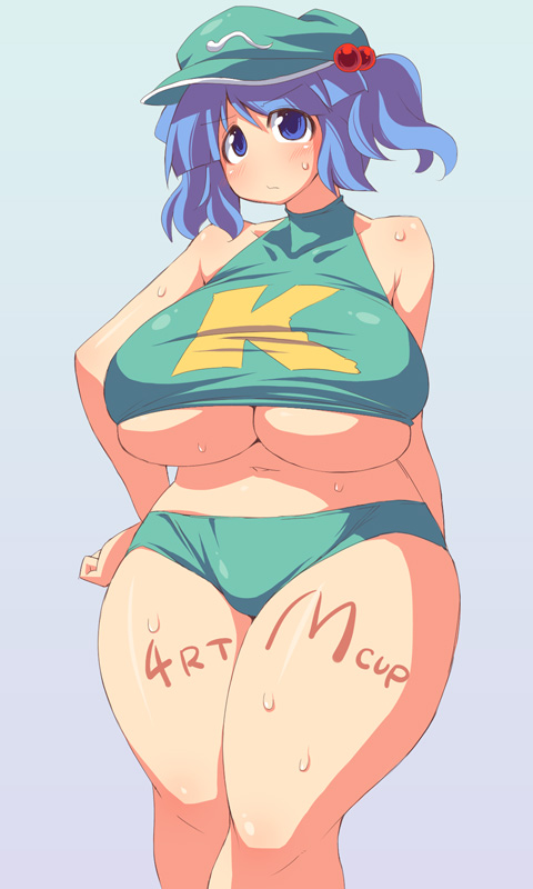 1girl animal_ears bare_shoulders blue_eyes blue_hair body_writing breasts bunny_ears cap female hair_bobbles hair_ornament huge_breasts kawashiro_nitori navel plump short_hair shorts simple_background solo standing thick_thighs thighs touhou underboob ushi wide_hips