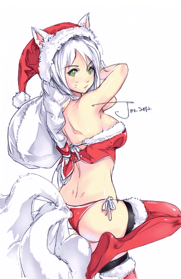 1girl ahri ahri_(league_of_legends) animal_ears animal_tail artist_request bare_shoulders facial_mark fox_ears fox_tail green_eyes hat jon_tw league_of_legends multiple_tails panties red_legwear santa_costume santa_hat simple_background tail underwear white_background white_hair