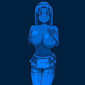 1girl abs animated animated_gif bare_shoulders belly big_breasts blinking blue_(artist) blue_skin breast_grab breast_hold breast_rub breasts erect_nipples gif grabbing grope groping lowres navel nipples oppai original self_fondle skirt smile solo topless ucogi wide_hips
