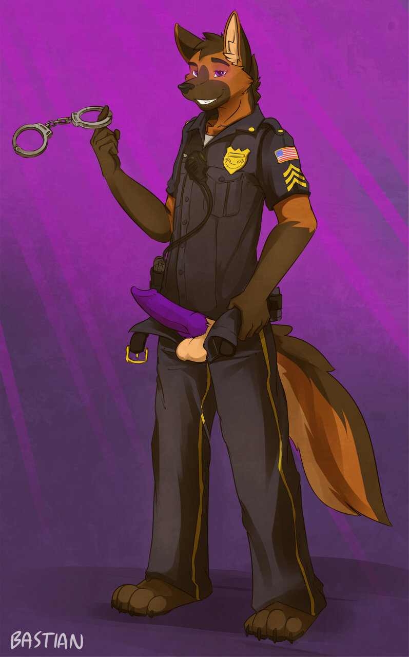 barefoot bastianwolf canine cute dog furry german_shepherd handcuffs knot male penis police purple_eyes solo testicles