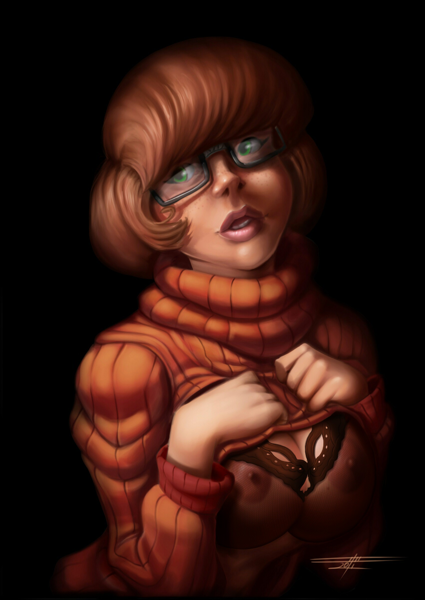 1girl areolae bra breast_squeeze breasts brown_hair expose glasses green_eyes highres large_breasts lingerie lips nipples nose orange_shirt scooby-doo see-through semi-rimless_glasses shirt short_hair solo sweater taboolicious turtleneck under-rim_glasses underwear velma_dinkley white-devil_(artist)