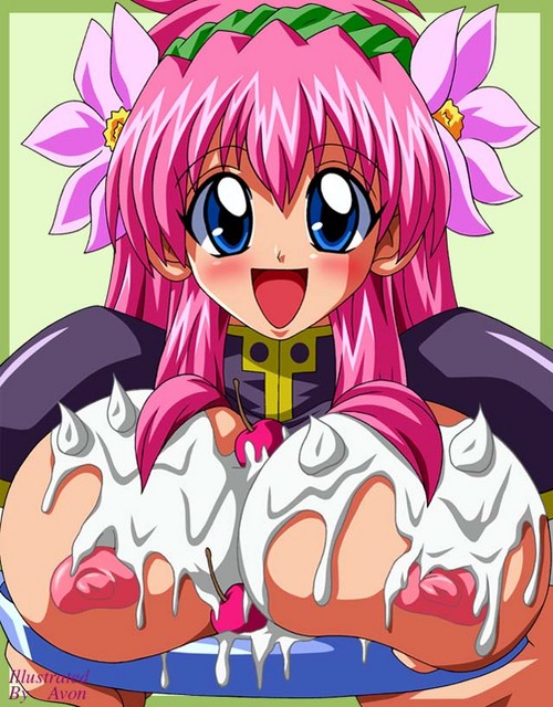 1girl avon between_breasts big_breasts blue_eyes blush breast_on_tray breast_rest breasts cherry_(fruit) cream female flower food fruit galaxy_angel hair_flower hair_ornament hairband large_breasts long_hair messy milfeulle_sakuraba nipples open_mouth pink_hair sexually_suggestive smile solo topless tray turtleneck uniform