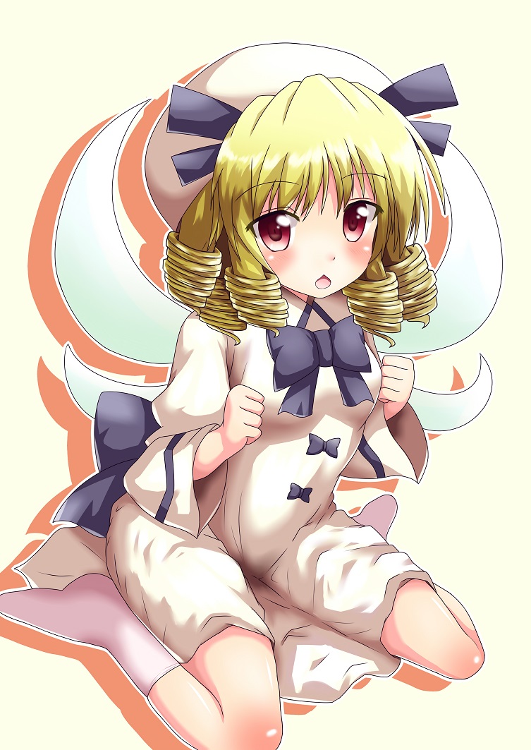 1girl blonde_hair chestnut_mouth drill_hair fairy_wings female hat luna_child rating red_eyes sitting solo touhou wariza wide_sleeves wings yakumo_nanahara