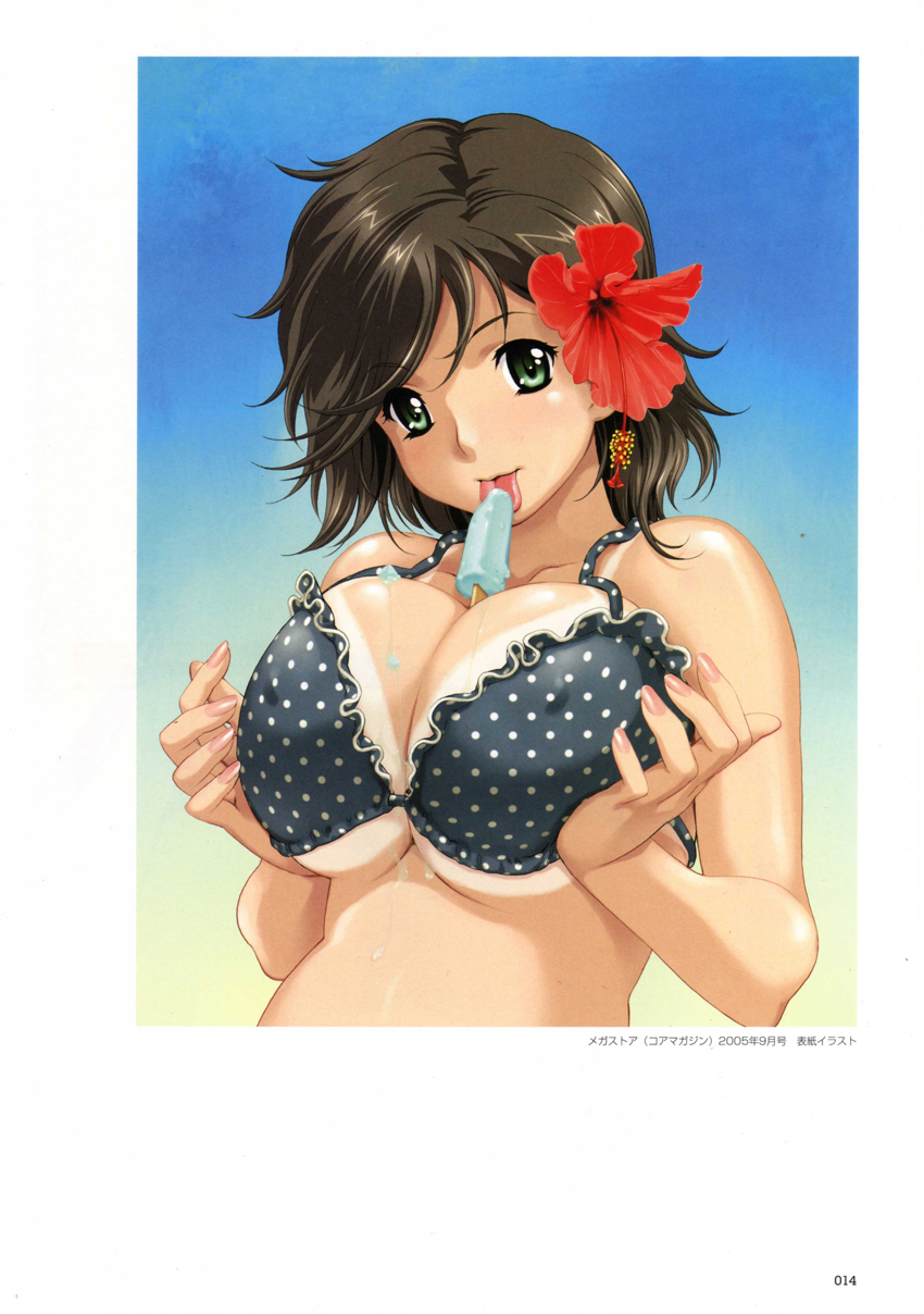 artbook between_breasts big_breasts black_swimsuit breast_squeeze breasts brown_hair character_request erect_nipples flower frills green_eyes hair_flower hair_ornament happoubi_jin high_res huge_breasts polka_dot_swimsuit popsicle sexually_suggestive short_hair sweet_body swimsuit tan tan_line tongue