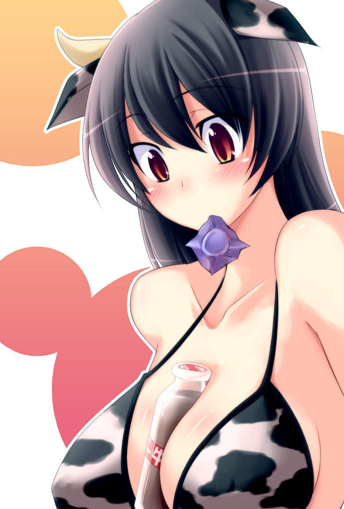 1girl animal_ears bangs bare_shoulders between_breasts big_breasts bikini_top black_hair blush body_blush bottle breasts collarbone condom condom_in_mouth cow_ears cow_print female hair_between_eyes halter_top halterneck horns large_breasts long_hair long_image looking_down milk milk_bottle mouth_hold nagami_yuu original red_eyes sexually_suggestive shiny shiny_hair shiny_skin solo tall_image upper_body white_background