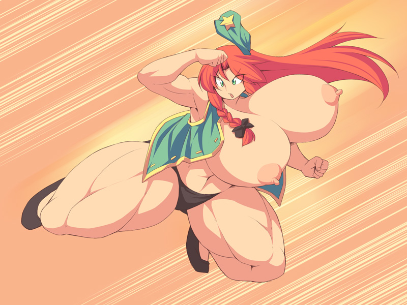 1girl areola areolae black_panties braid breasts female fight fighting green_eyes hat hong_meiling huge_breasts kicking long_hair muscle navel nipples open_clothes panties puffy_nipples red_hair shoes solo thick_thighs thighs touhou underwear ushi